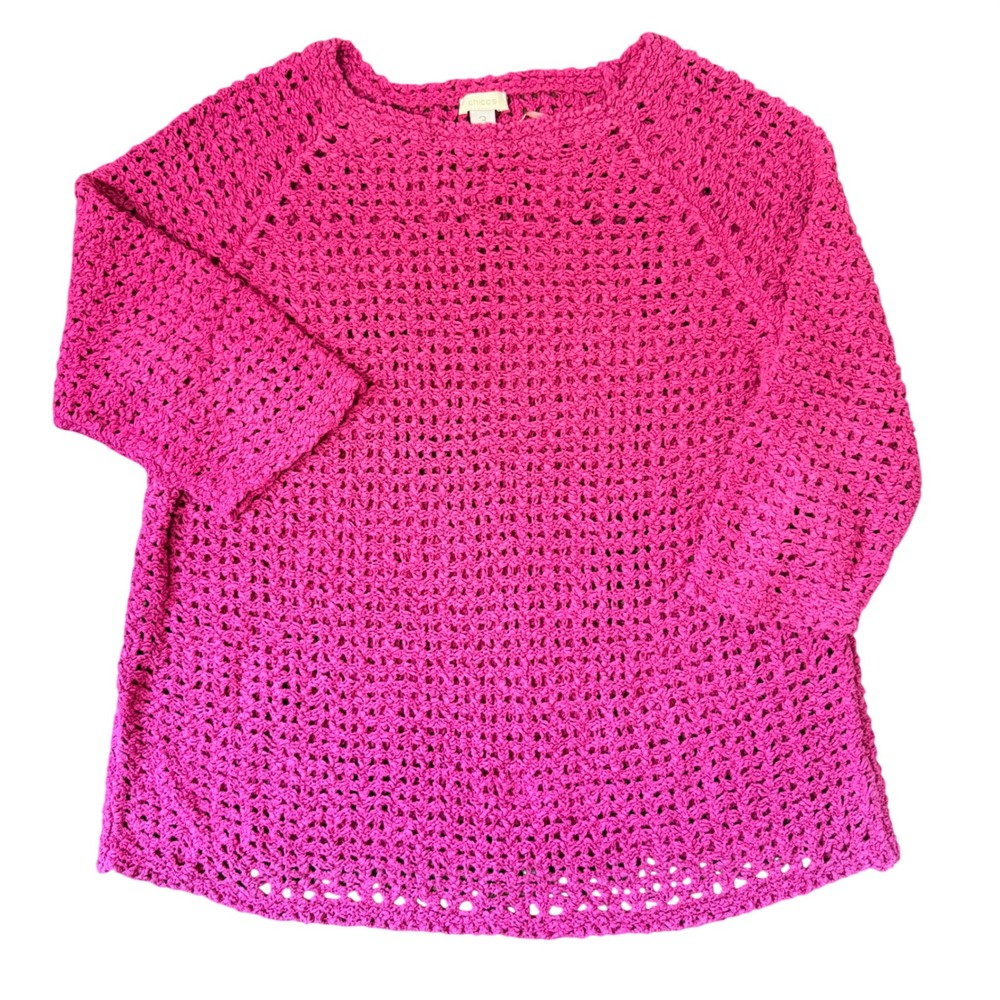 Chicos Summer Open Knit Lightweight Tunic Sweater (3/XL) Magenta Layering‎ Pink